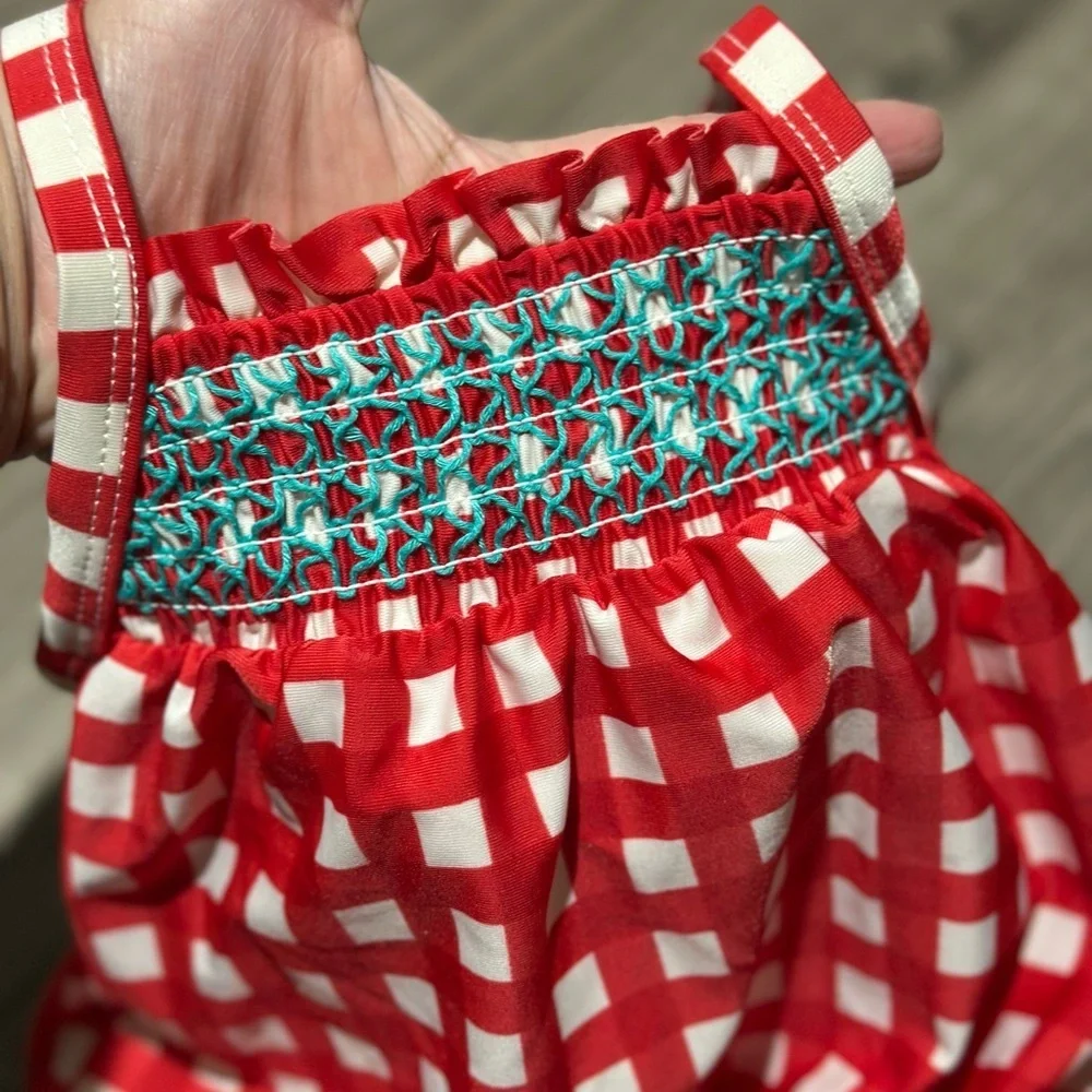 Kids Girl 2T  Month Red Gingham One-Piece Swimsuit with Smocked Detail